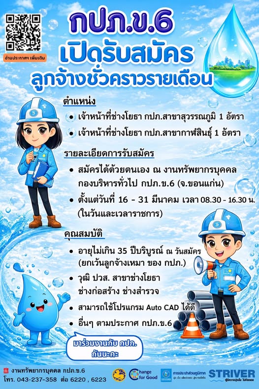 กปภ.ข.6 เปิดรับสมัครลูกจ้างชั่วคราวรายเดือน ตำแหน่ง เจ้าหน้าที่ช่างโยธา