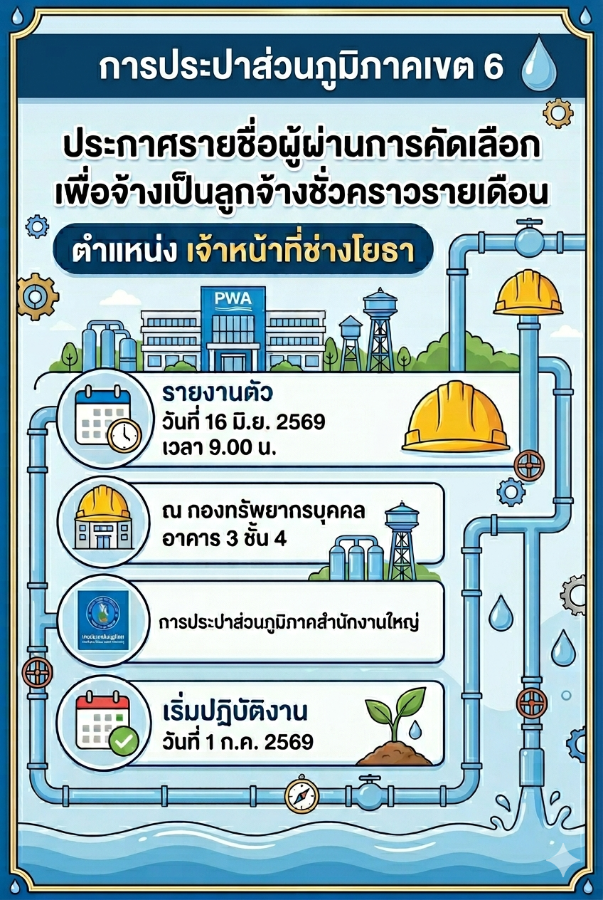 กปภ.ข.6 ประกาศรายชื่อผู้ผ่านการคัดเลือกเพื่อจ้างเป็นลูกจ้างชั่วคราวรายเดือน ตำแหน่ง เจ้าหน้าที่ช่างโยธา
